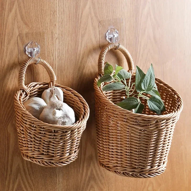 Wall Mounted Woven Vegetable Fruit Basket Kitchen Storage Home Decor