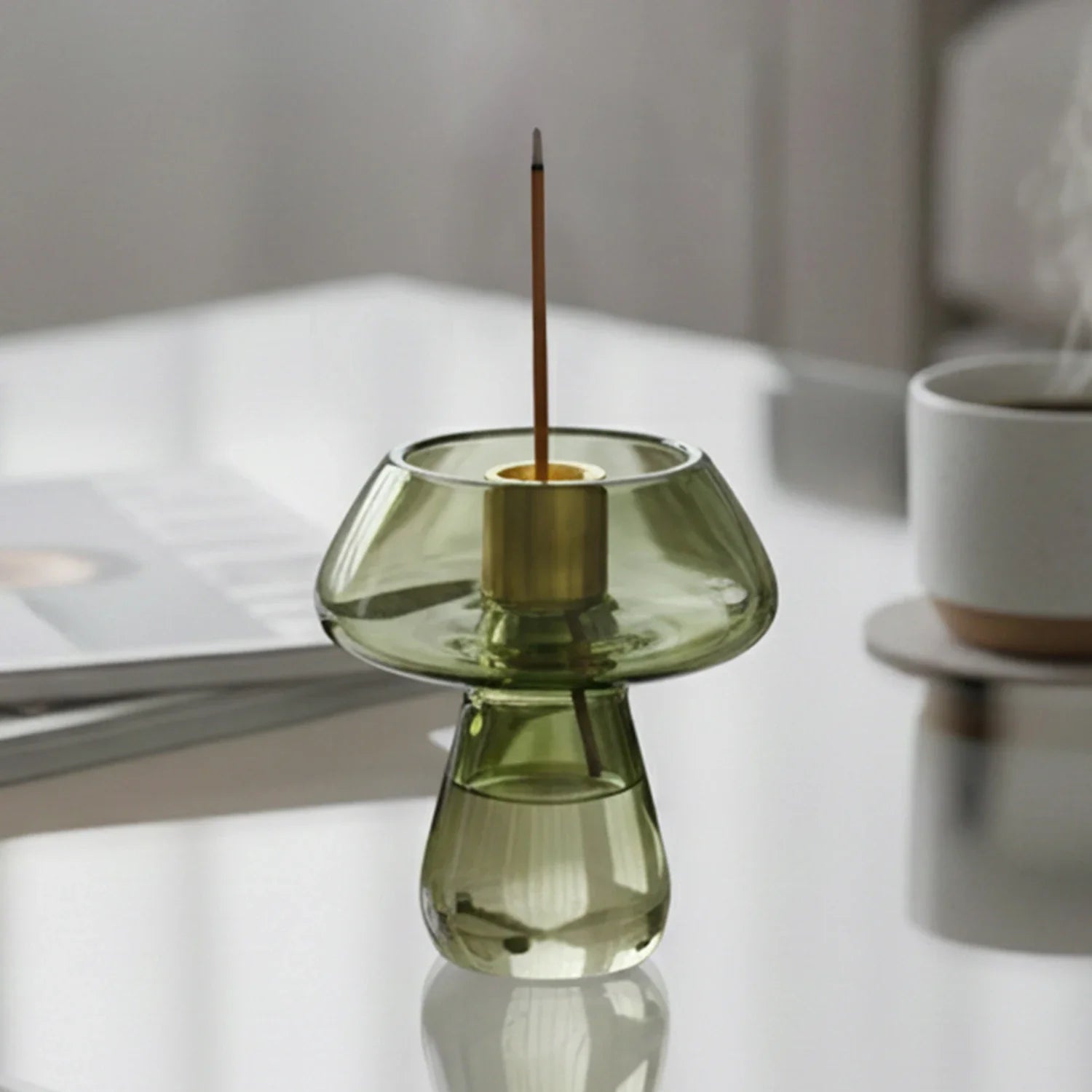 Glass Mushroom Incense Burner Brass Nine Hole Holder Home Decor