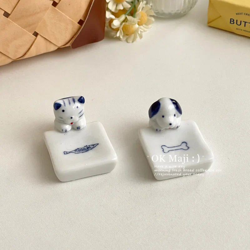 Kawaii Cat Dog Chopstick Holder Ceramic Tableware Rest Kitchen Decor