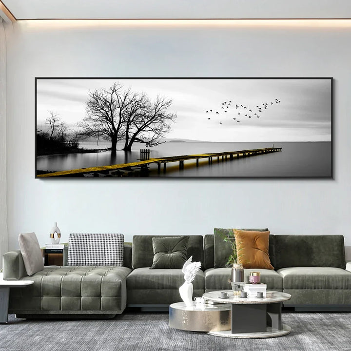 Modern Minimalist Seaside Goldenwood Bridge Landscape Canvas Wall Art Decor