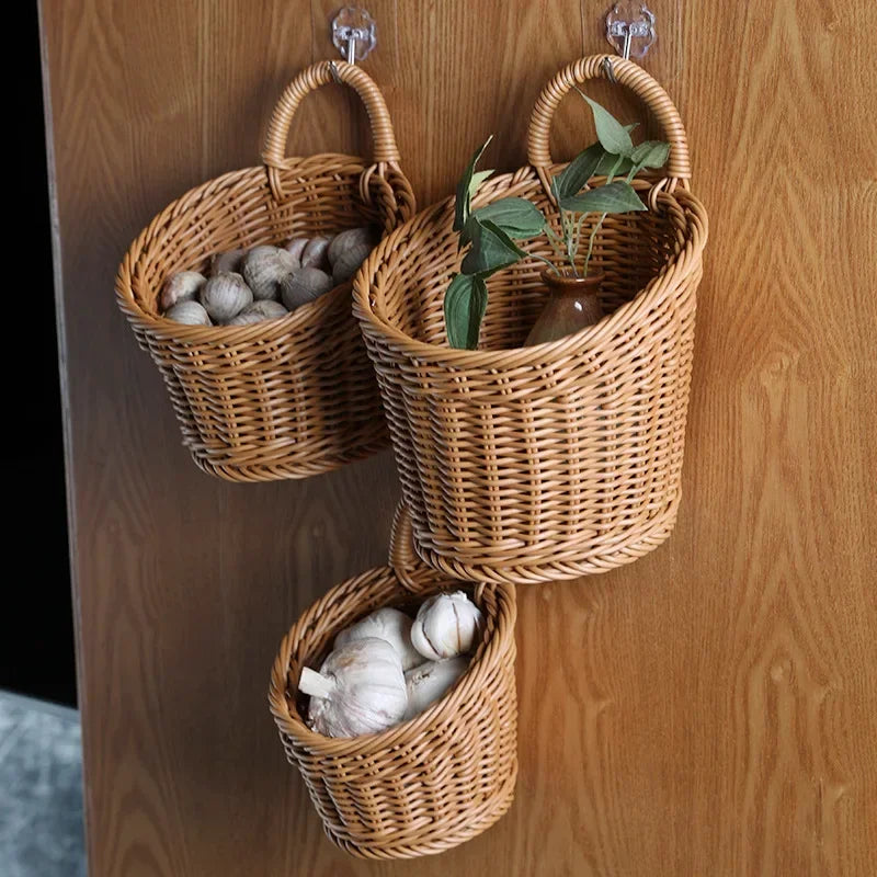 Wall Mounted Woven Vegetable Fruit Basket Kitchen Storage Home Decor