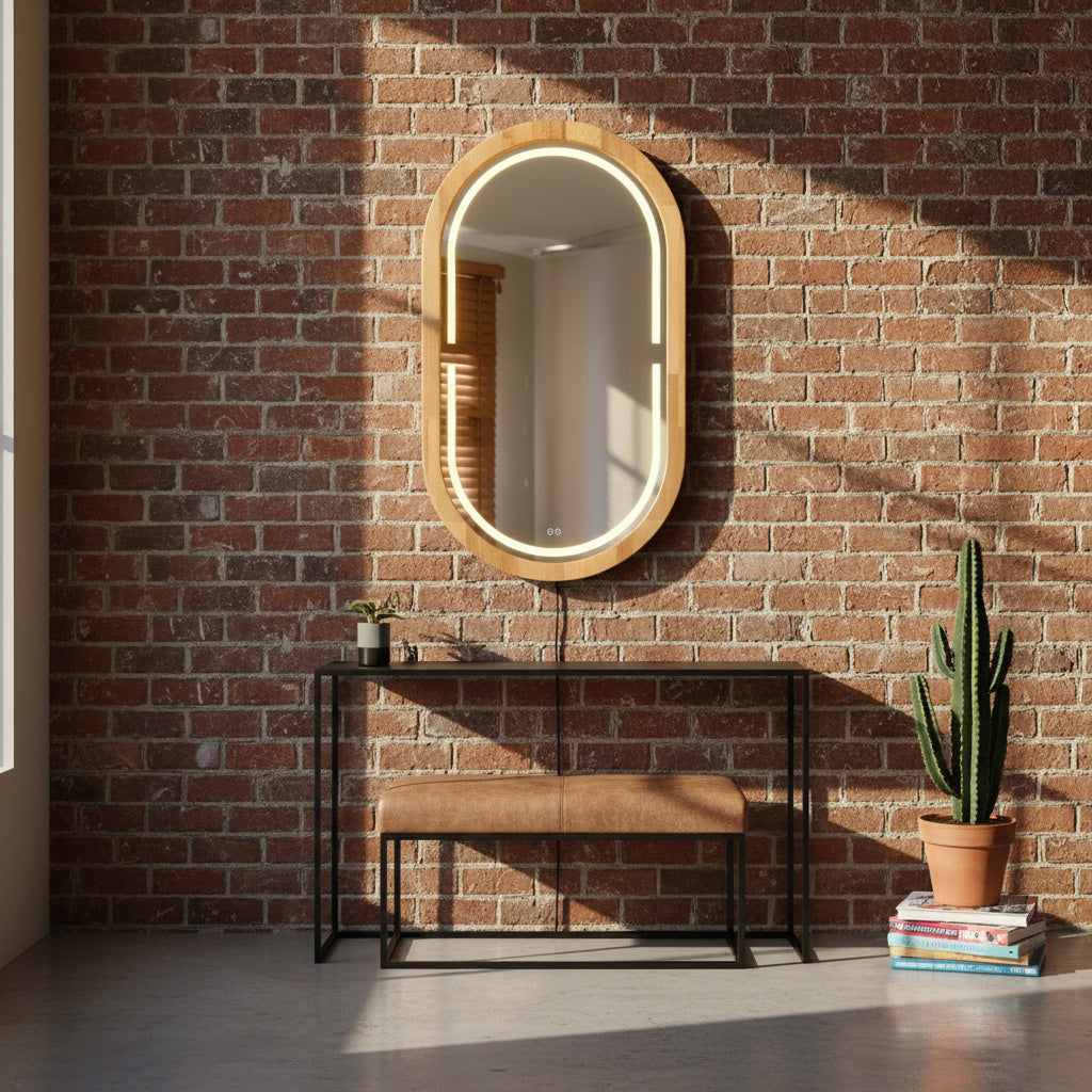 Handmade Beech Wood Framed LED Capsule Mirror Dimmable Lighted Wall Mirror