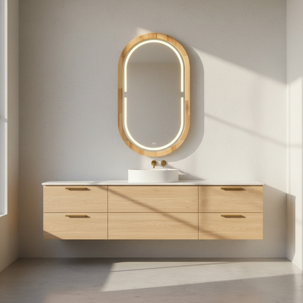 Handmade Beech Wood Framed LED Capsule Mirror Dimmable Lighted Wall Mirror