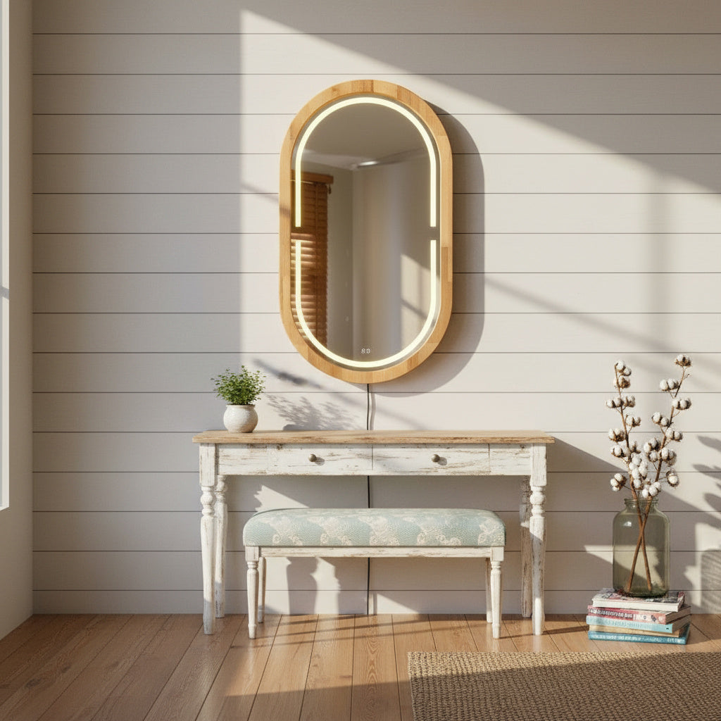 Handmade Beech Wood Framed LED Capsule Mirror Dimmable Lighted Wall Mirror