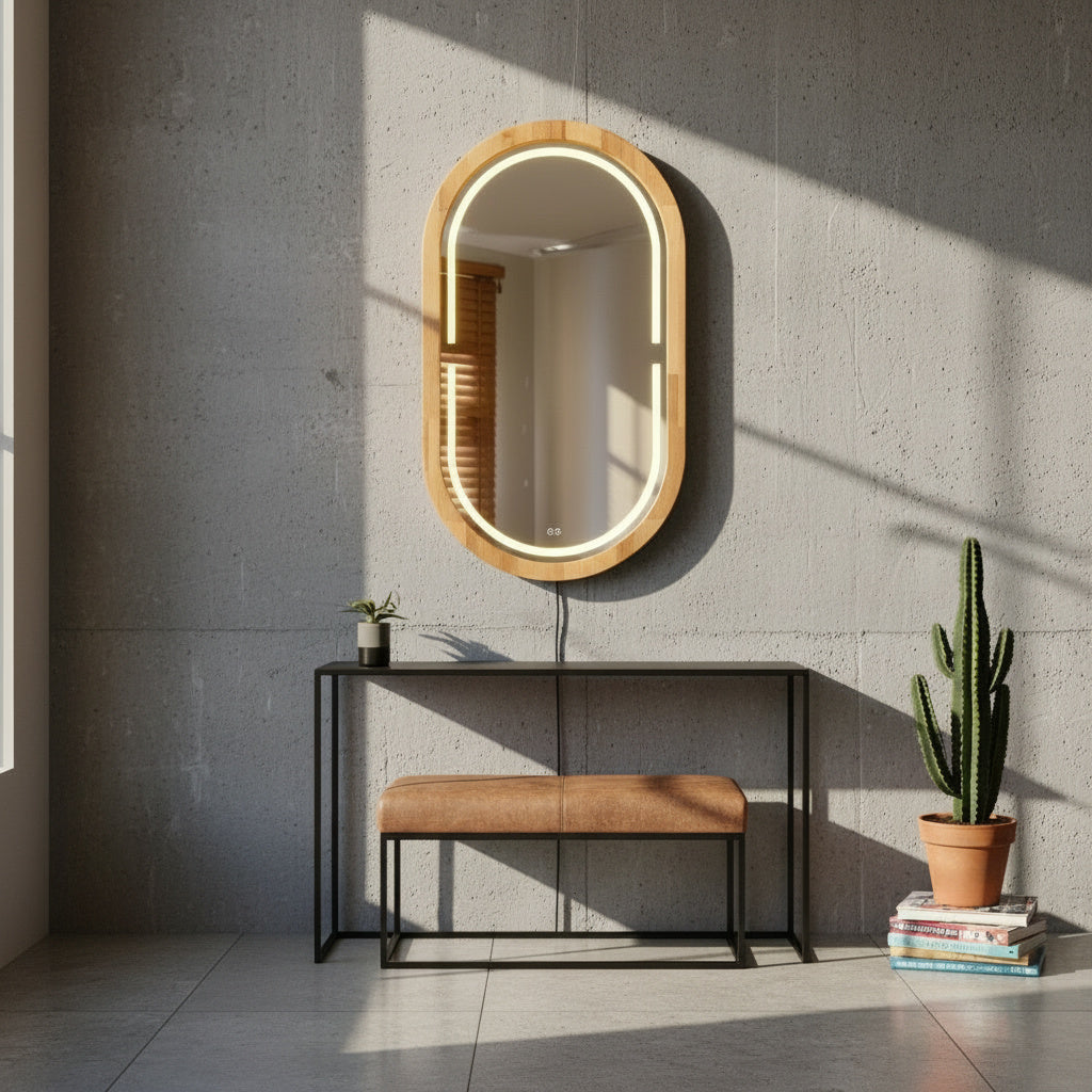 Handmade Beech Wood Framed LED Capsule Mirror Dimmable Lighted Wall Mirror