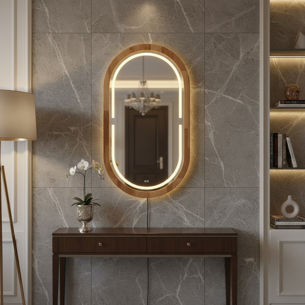Handmade Beech Wood Framed LED Capsule Mirror Dimmable Lighted Wall Mirror