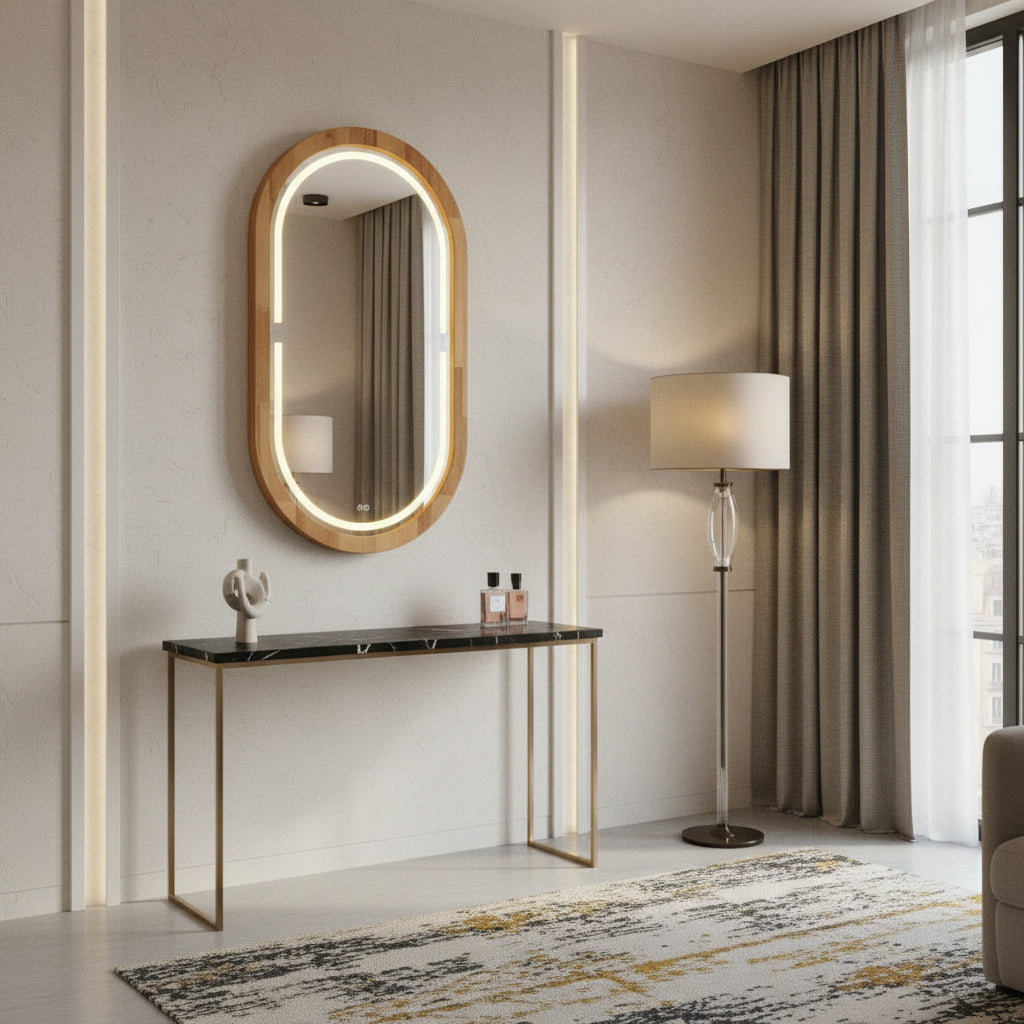 Handmade Beech Wood Framed LED Capsule Mirror Dimmable Lighted Wall Mirror