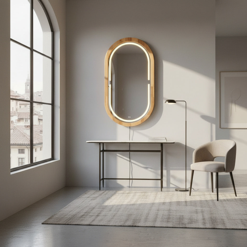 Handmade Beech Wood Framed LED Capsule Mirror Dimmable Lighted Wall Mirror