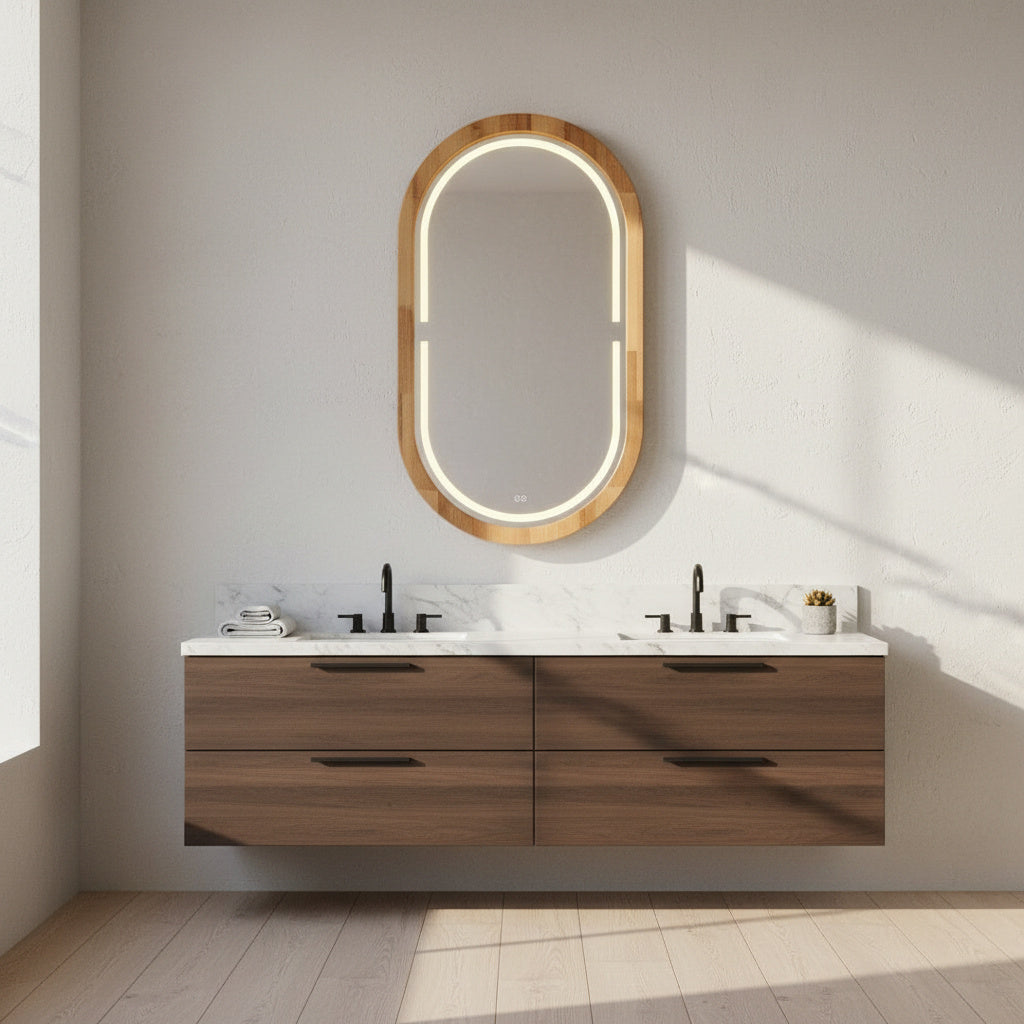 Handmade Beech Wood Framed LED Capsule Mirror Dimmable Lighted Wall Mirror