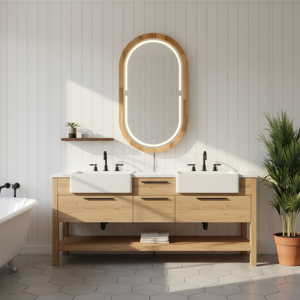 Handmade Beech Wood Framed LED Capsule Mirror Dimmable Lighted Wall Mirror