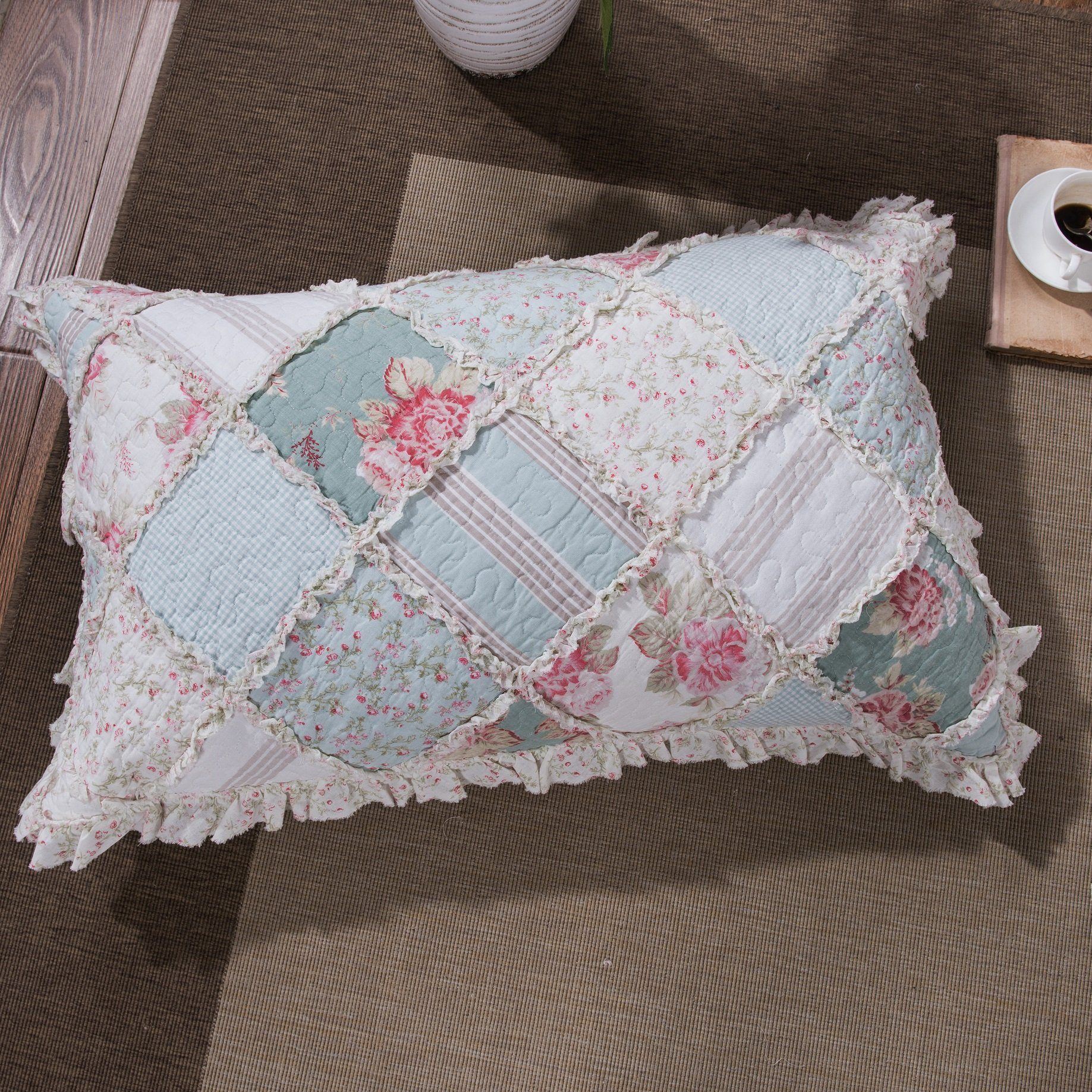 DaDa Bedding Hint of Mint Floral Pastel Cotton Patchwork Ruffle Bedspread Set (JHW-3036)
