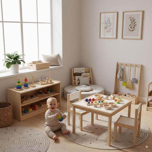 Child playing in a playroom with wooden furniture and toys.