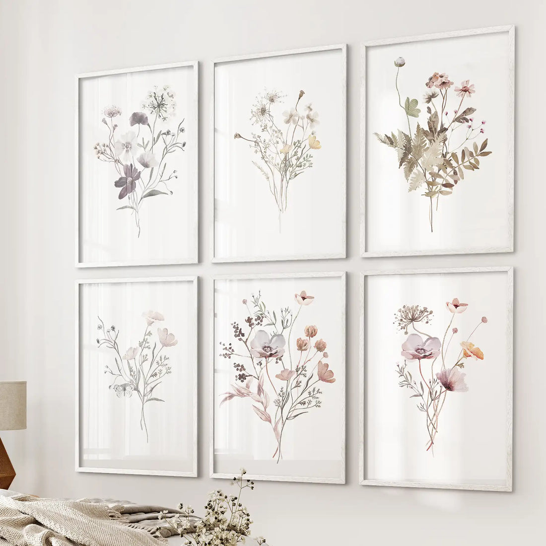 Floral Watercolor Prints. Set of 6 Botanical Wall Art for Bedroom or Living Room