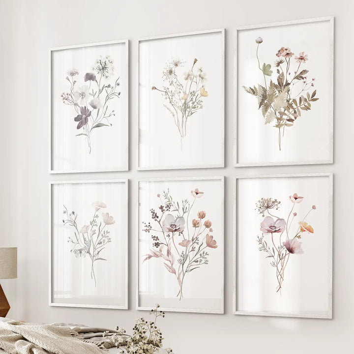 Floral Watercolor Prints. Set of 6 Botanical Wall Art for Bedroom or Living Room