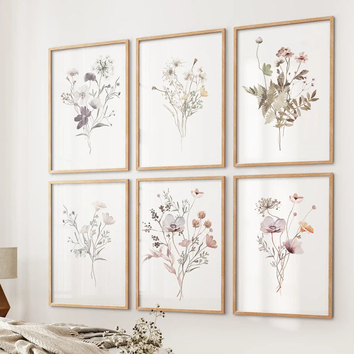 Floral Watercolor Prints. Set of 6 Botanical Wall Art for Bedroom or Living Room