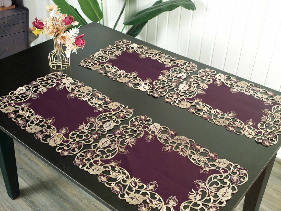 Velvet Plum – Plum Gold Table Placemats, Tarantino Collection Artistic Dining Décor 12*18 inch