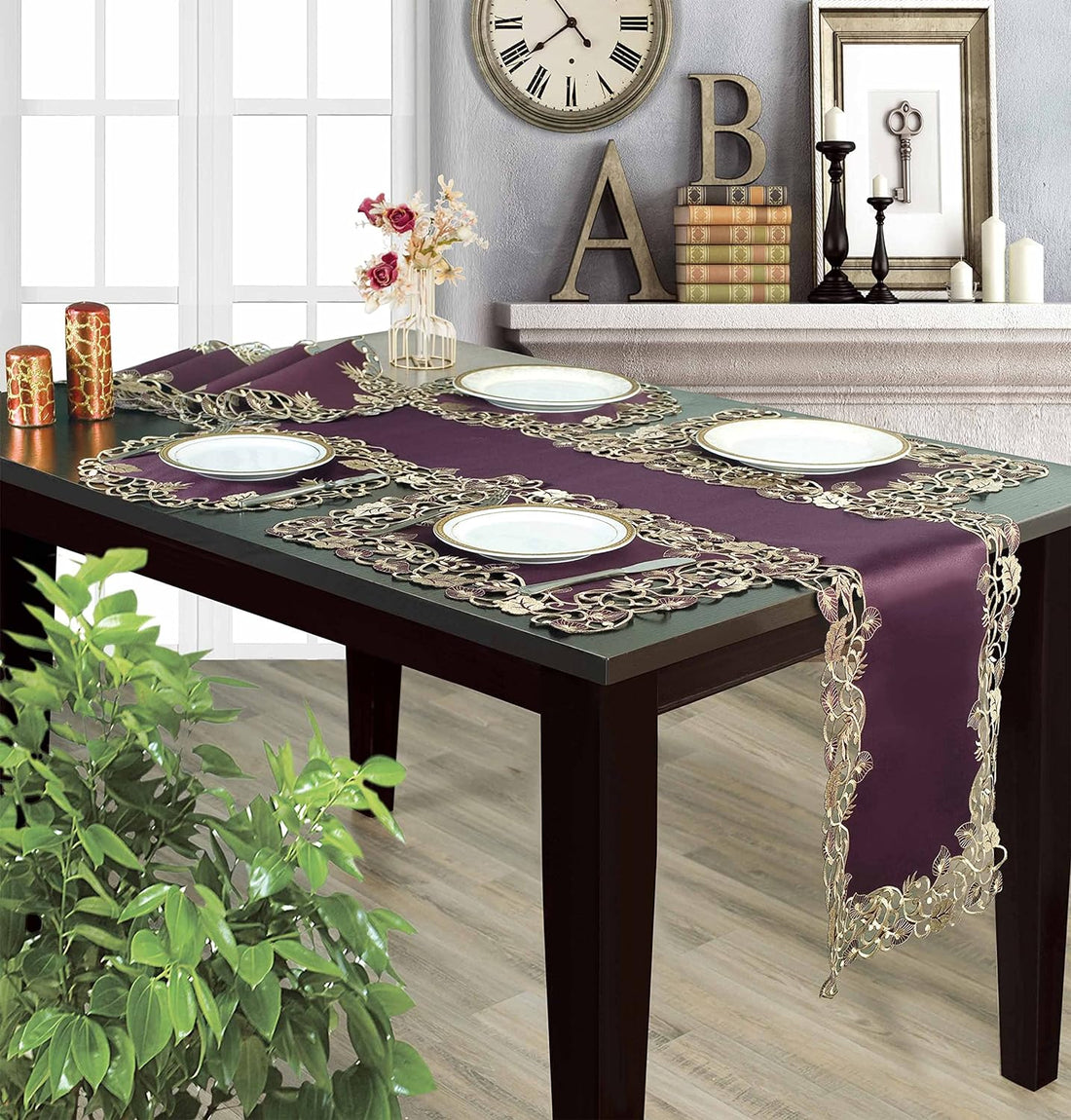 Velvet Plum – Plum Gold Table Placemats, Tarantino Collection Artistic Dining Décor 12*18 inch