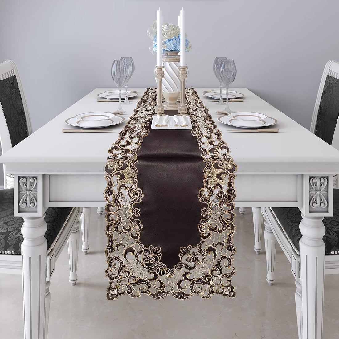 Noir Luxe – Black Gold Table Runner, Granada Collection Modern Decorative Runner 14*108 inch