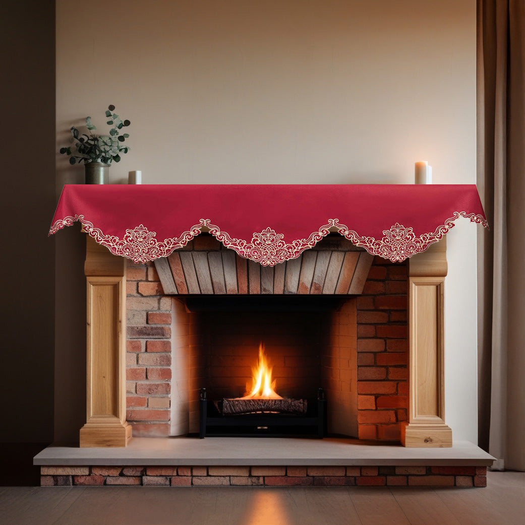 Crimson Glow – Burgundy Gold Mantel Scarf, Granada Collection Elegant Decorative Home Décor 18*90 Inch