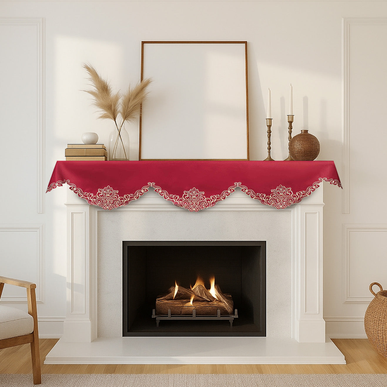 Crimson Glow – Burgundy Gold Mantel Scarf, Granada Collection Elegant Decorative Home Décor 18*90 Inch
