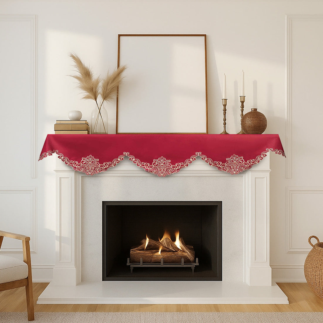 Crimson Glow – Burgundy Gold Mantel Scarf, Granada Collection Elegant Decorative Home Décor 18*90 Inch