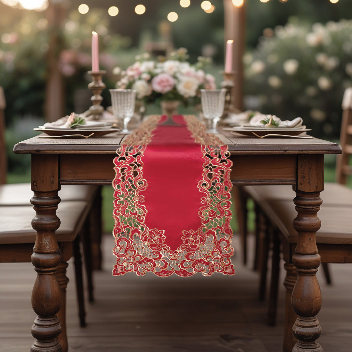 Crimson Glow – Burgundy Gold Table Runner, Granada Collection Elegant Home Accent 14*108 inch