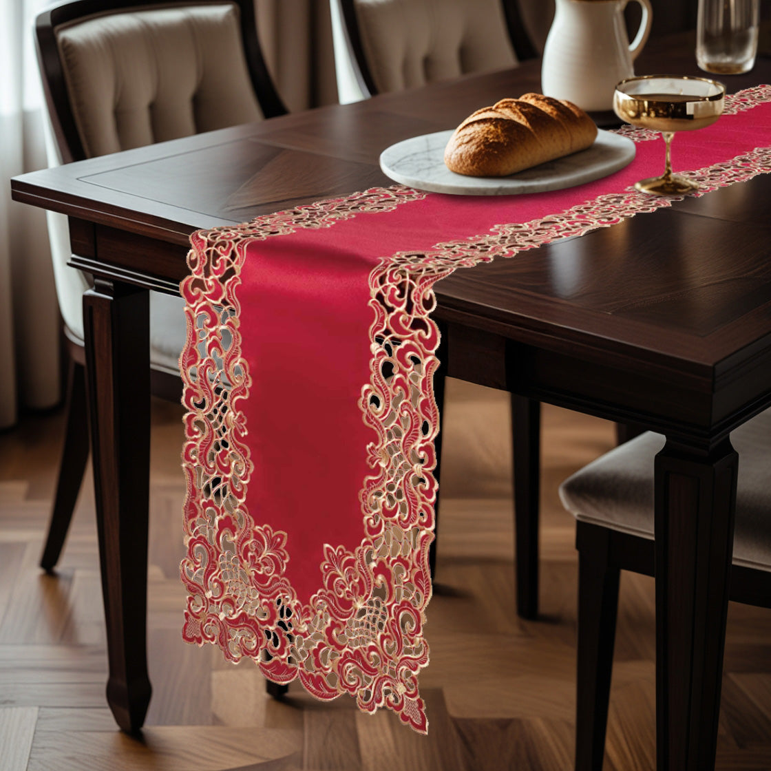 Crimson Glow – Burgundy Gold Table Runner, Granada Collection Elegant Home Accent 14*108 inch
