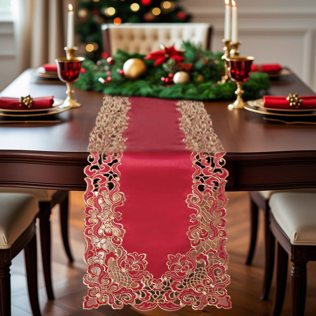 Crimson Glow – Burgundy Gold Table Runner, Granada Collection Elegant Home Accent 14*108 inch