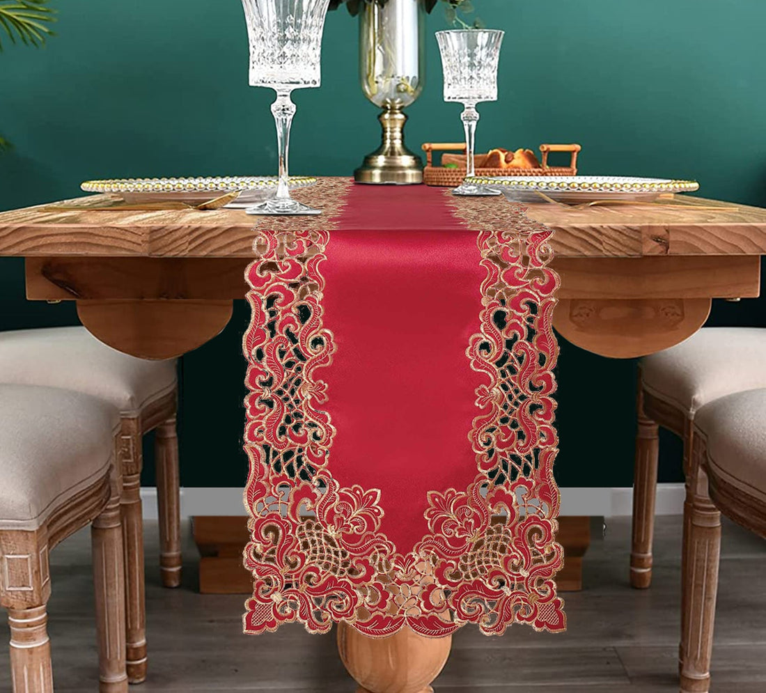 Crimson Glow – Burgundy Gold Table Runner, Granada Collection Elegant Home Accent 14*108 inch