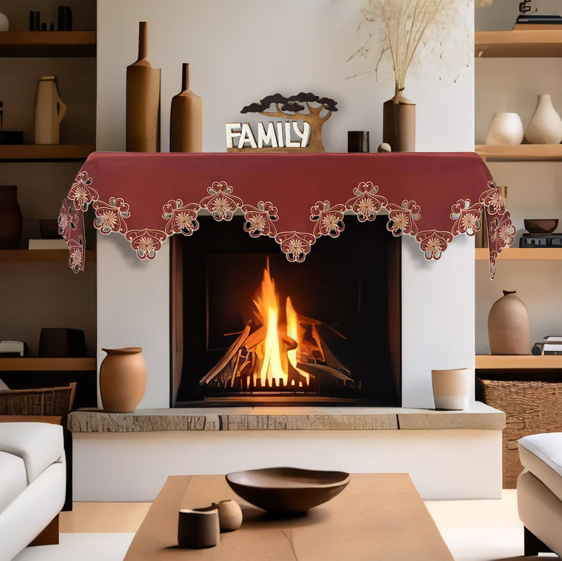 Imperial Red – Gold Lace Red Mantel Scarf Cover, The Imperial Red Collection Elegant Embroidered Home Décor 18x90 inch