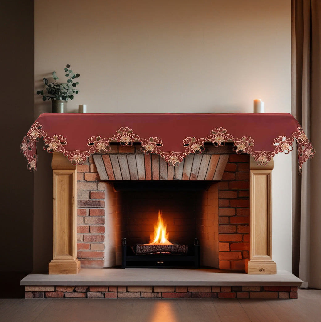 Imperial Red – Gold Lace Red Mantel Scarf Cover, The Imperial Red Collection Elegant Embroidered Home Décor 18x90 inch