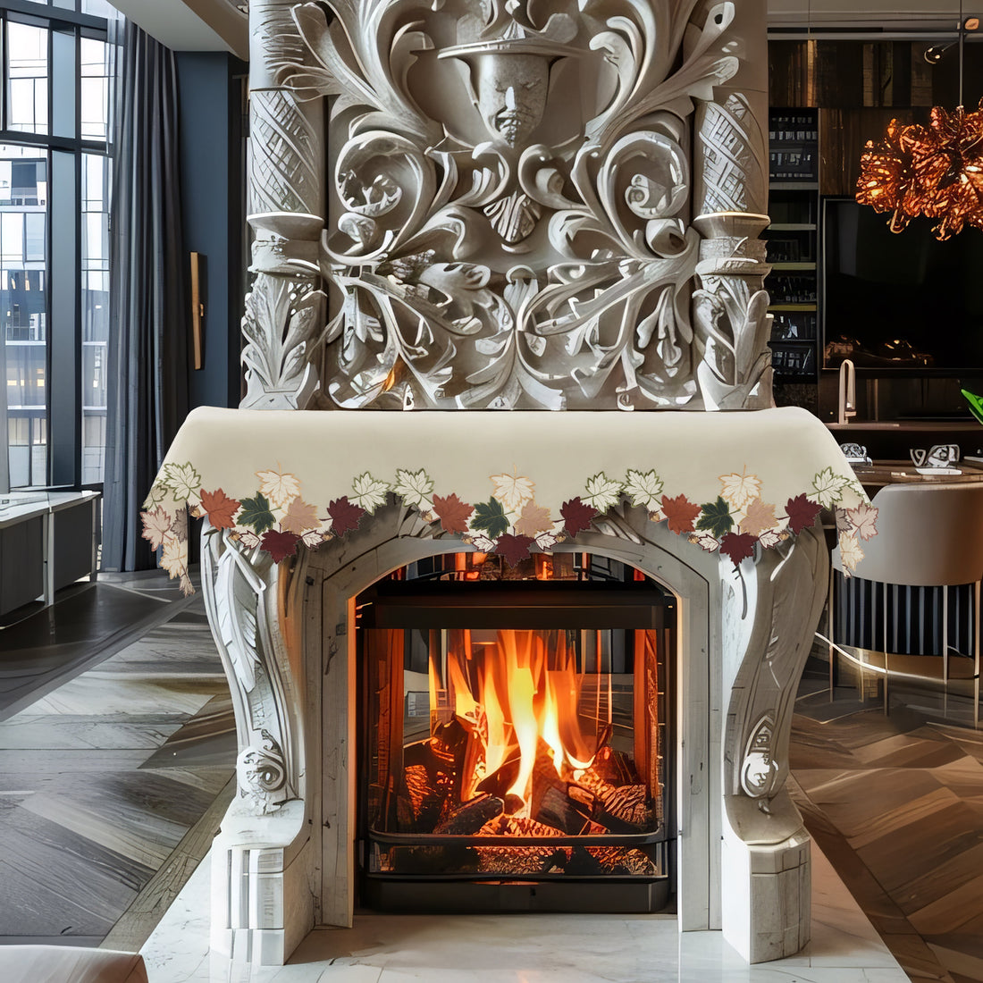 Falling Petals – Cream White Mantel Scarf Cover, The Falling Petals Collection Artistic Embroidered Home Décor 18x90 inch