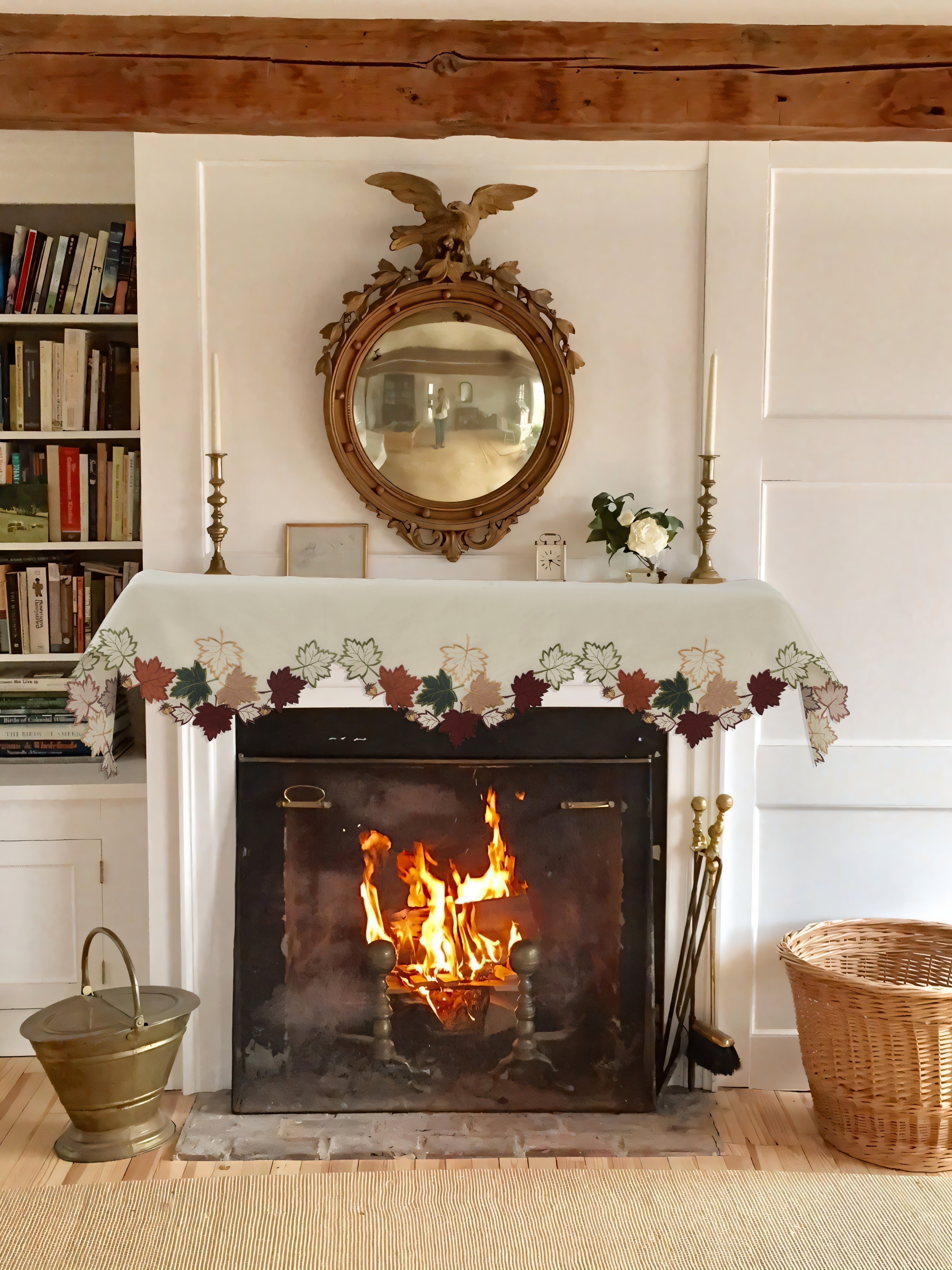 Falling Petals – Cream White Mantel Scarf Cover, The Falling Petals Collection Artistic Embroidered Home Décor 18x90 inch