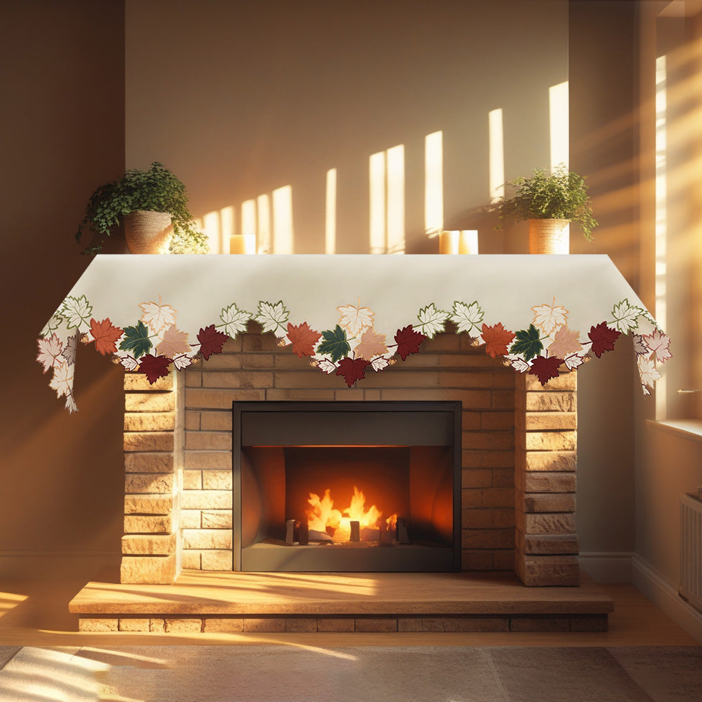 Falling Petals – Cream White Mantel Scarf Cover, The Falling Petals Collection Artistic Embroidered Home Décor 18x90 inch