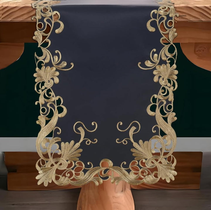 Vintage Opulence – Gold Lace Blue Table Runner, European Embroidery Table Décor 14*108 inch