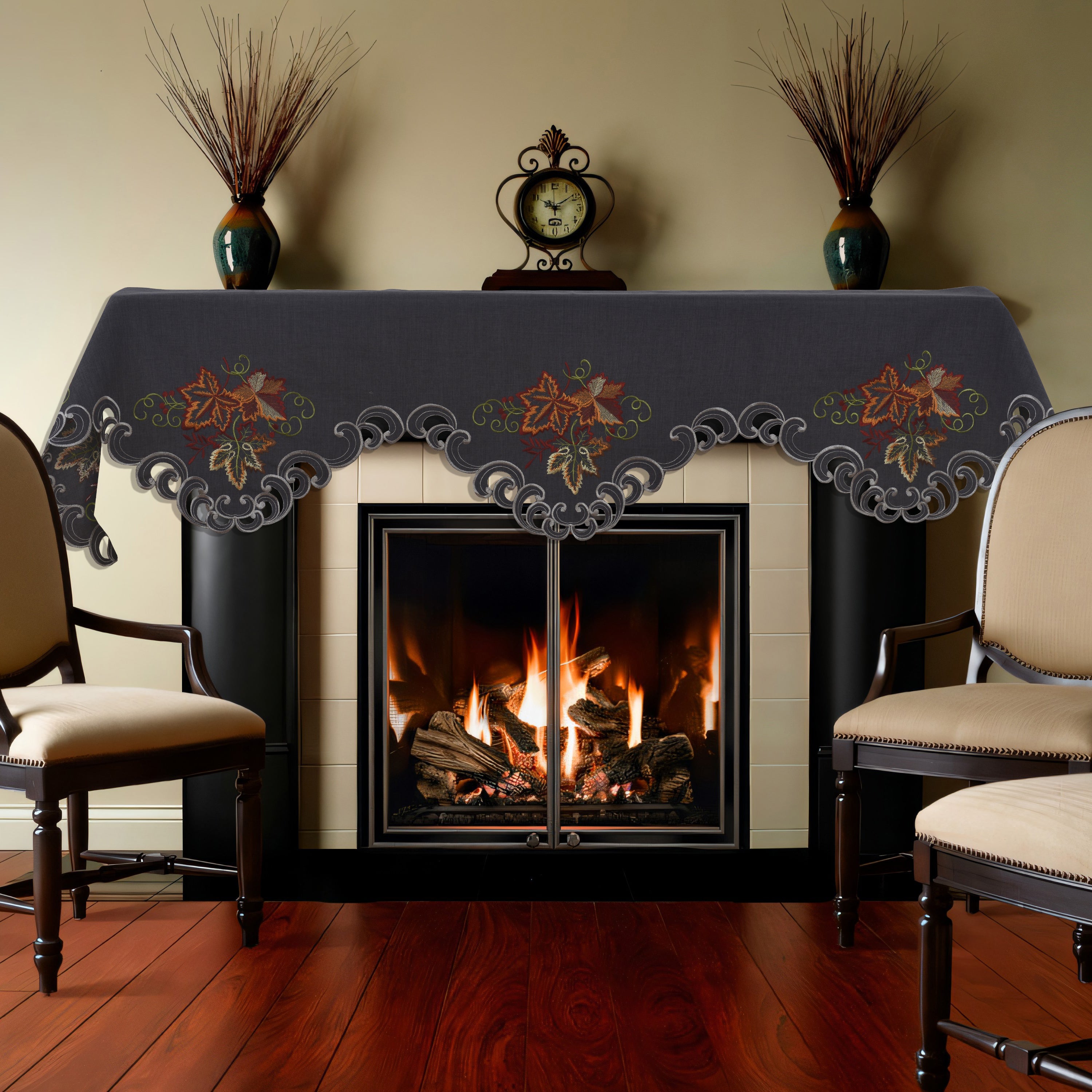 Charcoal Fleur – Charcoal Gray Mantel Scarf Cover, The Charcoal Fleur Collection Elegant Embroidered Home Décor 18x90 inch