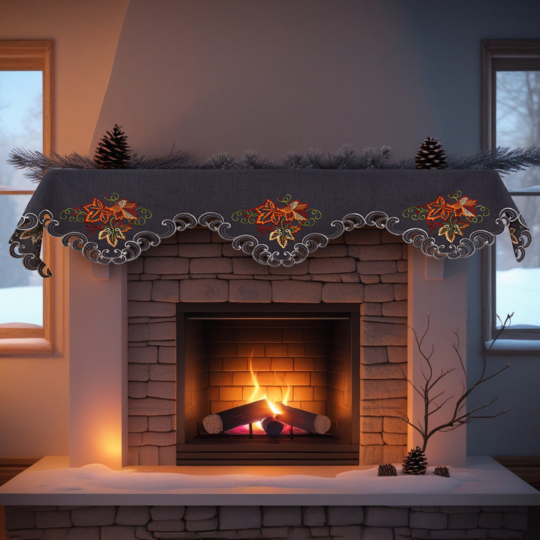 Charcoal Fleur – Charcoal Gray Mantel Scarf Cover, The Charcoal Fleur Collection Elegant Embroidered Home Décor 18x90 inch
