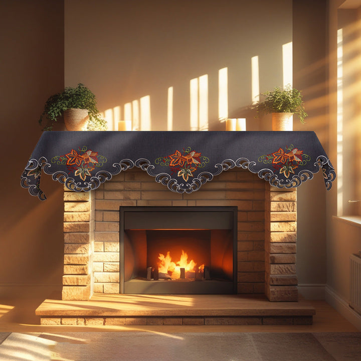 Charcoal Fleur – Charcoal Gray Mantel Scarf Cover, The Charcoal Fleur Collection Elegant Embroidered Home Décor 18x90 inch
