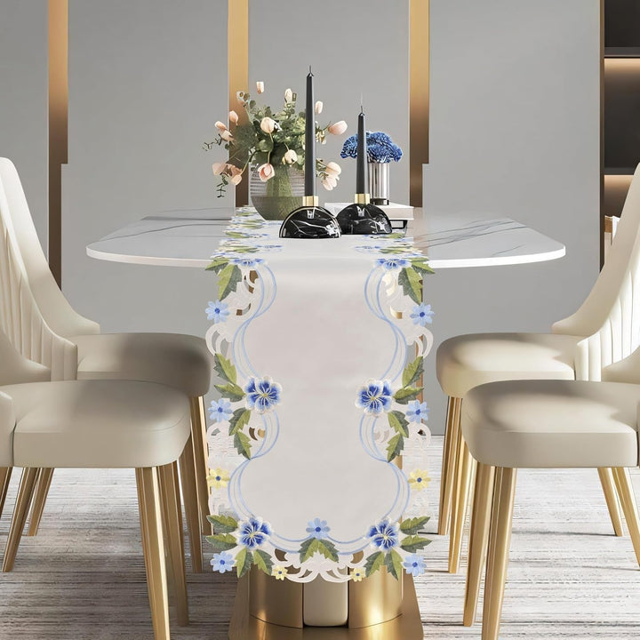 Eternal Grace – Blue and Green Lace White Table Runner, European Embroidery Decorative Décor 14*108 inch