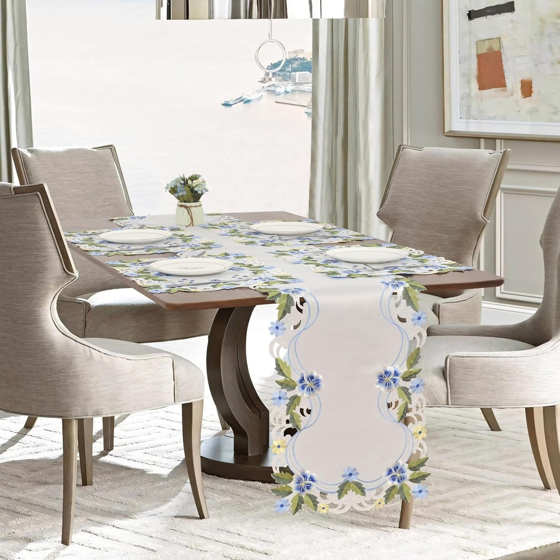 Eternal Grace – Blue and Green Lace White Table Runner, European Embroidery Decorative Décor 14*108 inch