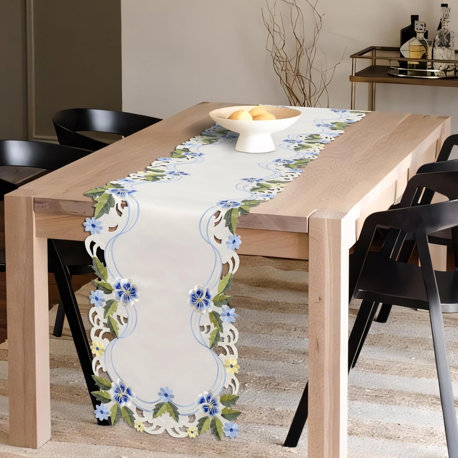 Eternal Grace – Blue and Green Lace White Table Runner, European Embroidery Decorative Décor 14*108 inch