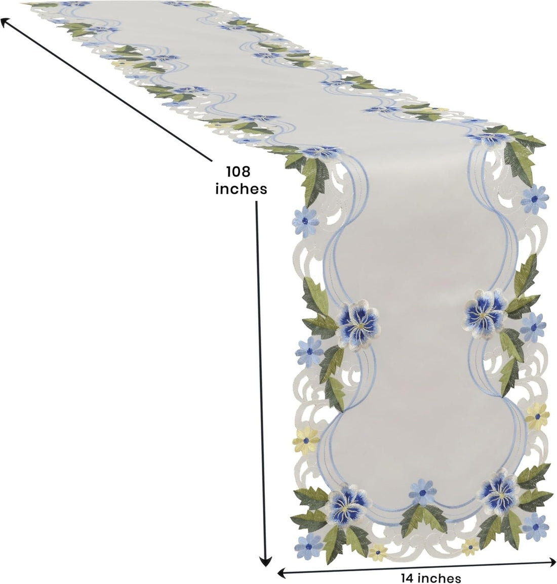 Eternal Grace – Blue and Green Lace White Table Runner, European Embroidery Decorative Décor 14*108 inch