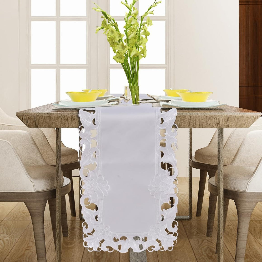 Snow Blossom – White Table Runner, European Embroidery Decorative Dresser Scarf 14*108 inch