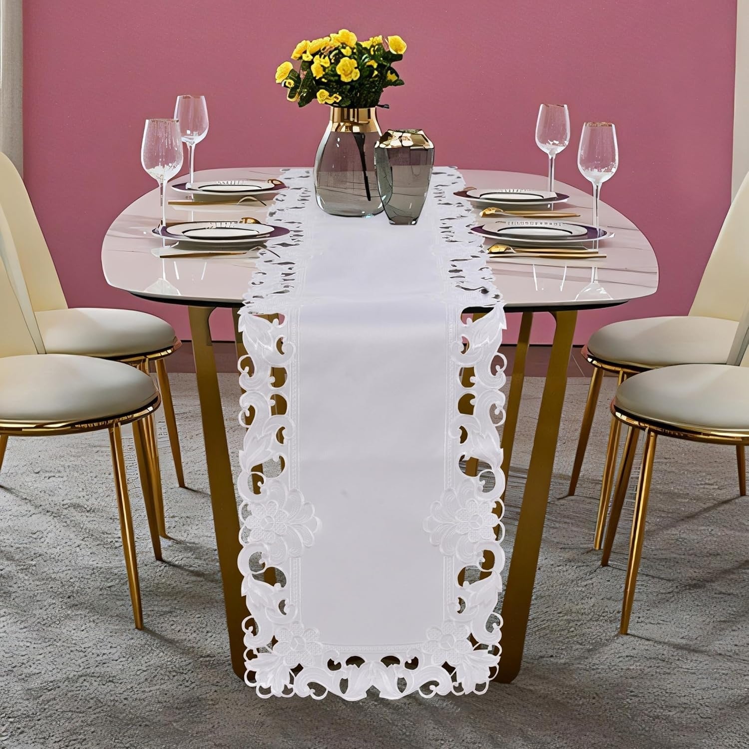 Snow Blossom – White Table Runner, European Embroidery Decorative Dresser Scarf 14*108 inch