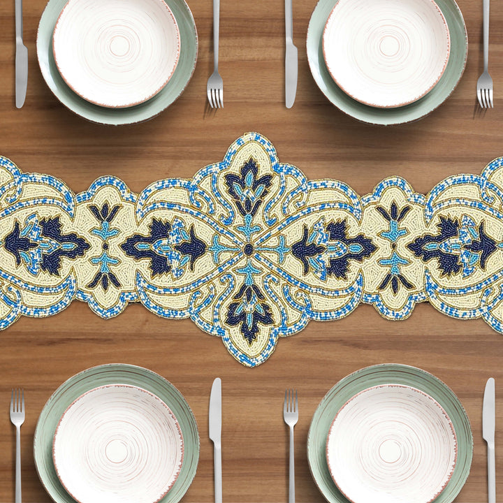 Beaded Table Runner - Blue White 54" x 13"