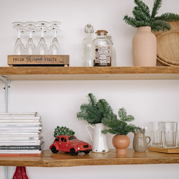 Wooden shelves with various decorative items including glasses, books, and plants.